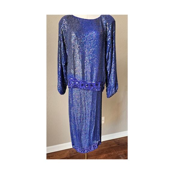 Vintage Women's Fully Sequin Beaded Silk Long‎ Sleeve Top & Skirt Set Large Blue - Picture 1 of 9